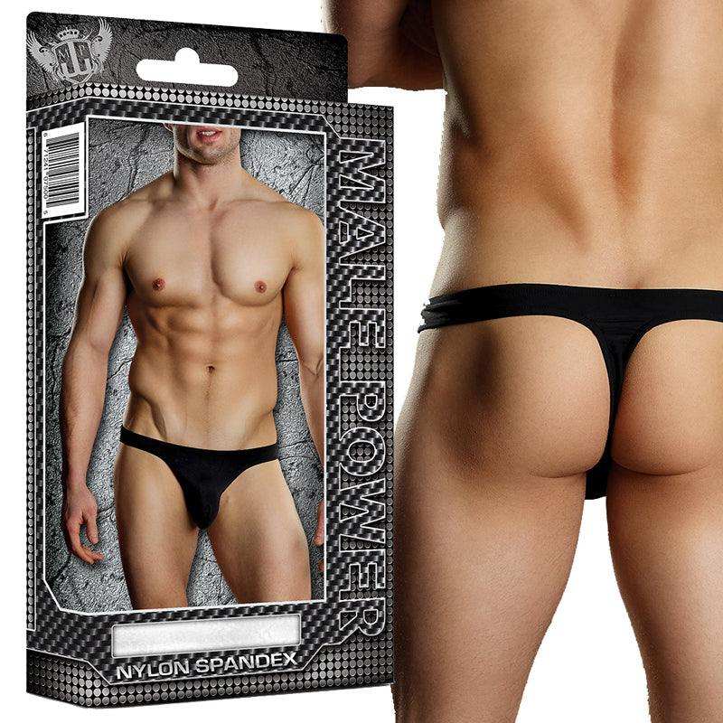 Male Power Bong Thong black nylon spandex men's underwear L/XL shown on front and back views