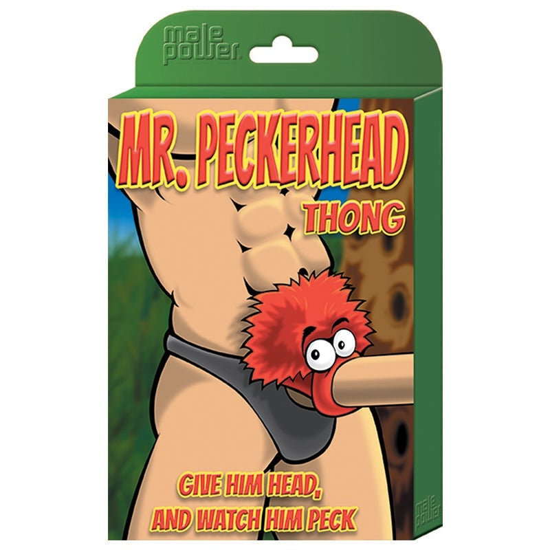 Male Power Novelty Mr PeckerHead black thong in packaging with humorous design and one size fits most