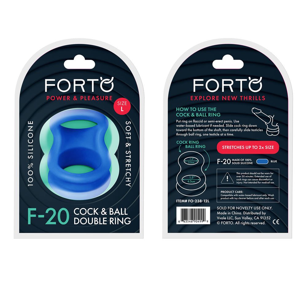 Forto F-20 Liquid Silicone medium blue cockring and ball stretcher, stretchy and waterproof pleasure accessory.