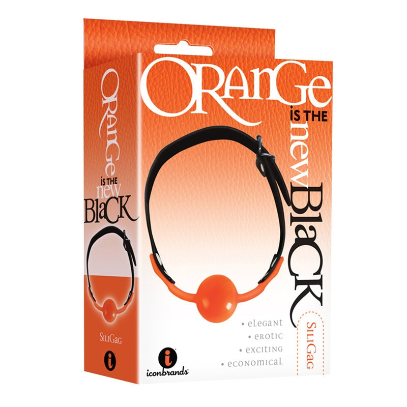 Packaging of The 9's Orange Is The New Black SiliGag silicone bag gag with orange ball and black faux leather straps designed for intimate play