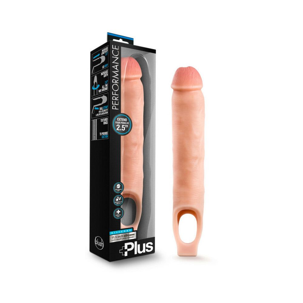 Beige Performance Plus 11.5 in. Silicone Cock Sheath Penis Extender with ball strap and realistic texture next to retail packaging
