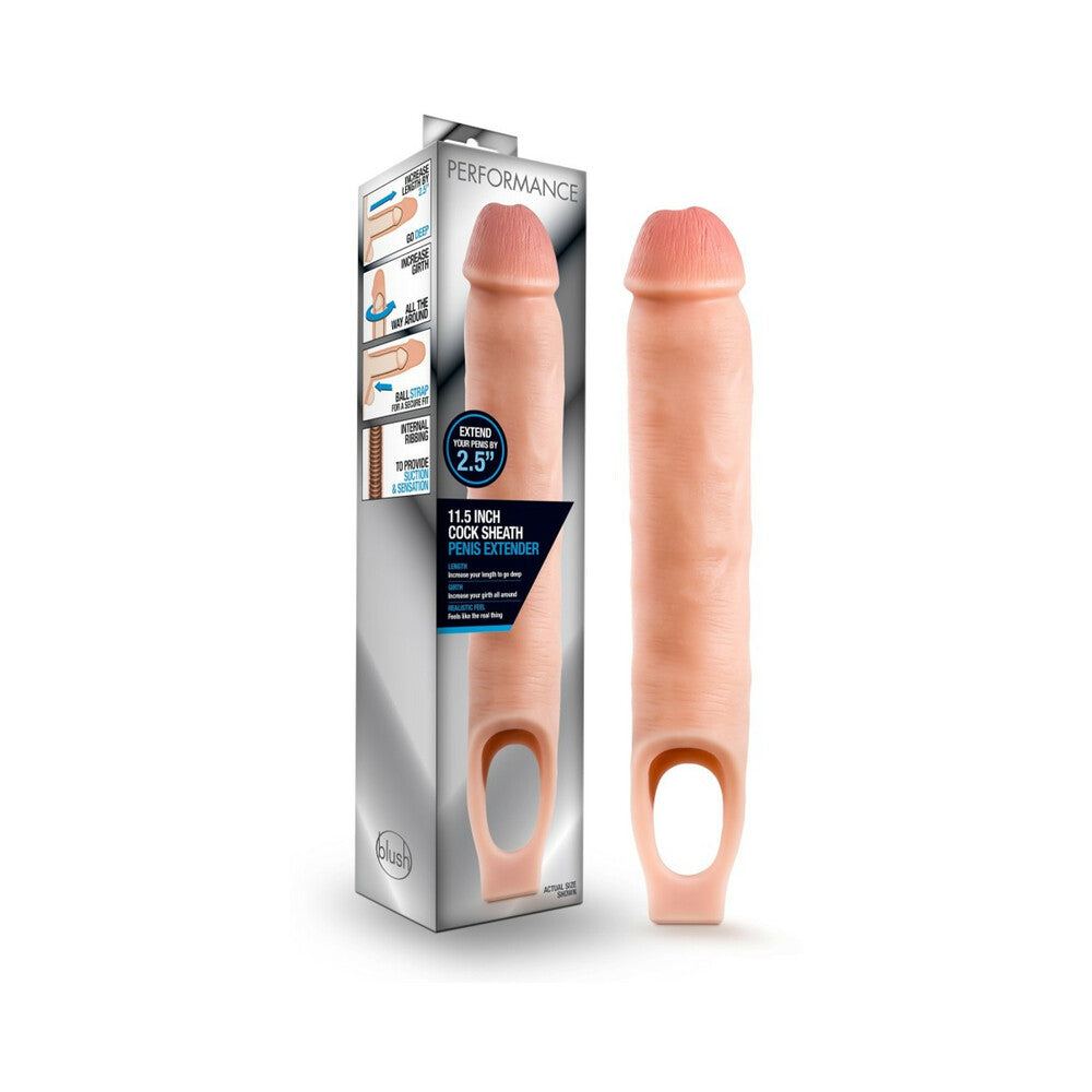 Performance 11.5 inch beige cock sheath penis extender sling with realistic texture and secure ball strap design.