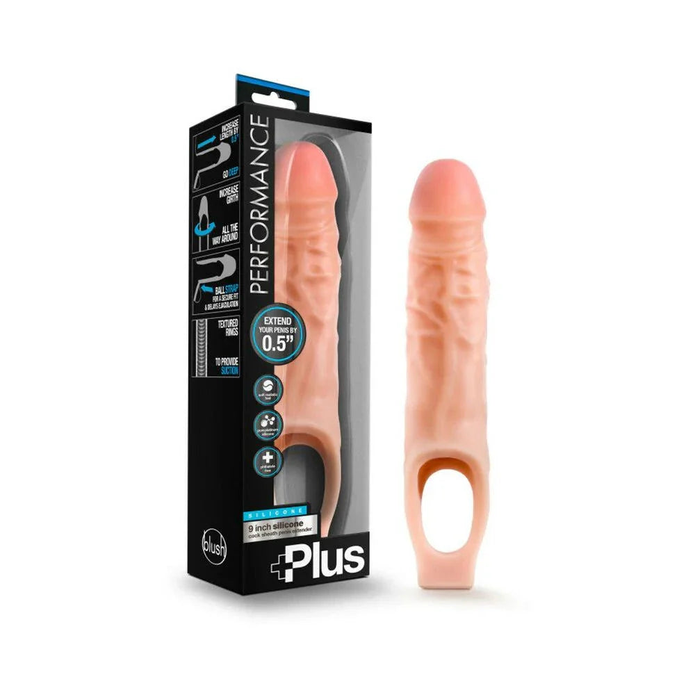 Performance Plus 9 in. silicone cock sheath penis extender sling in beige with realistic texture and ball strap for enhanced length and girth.