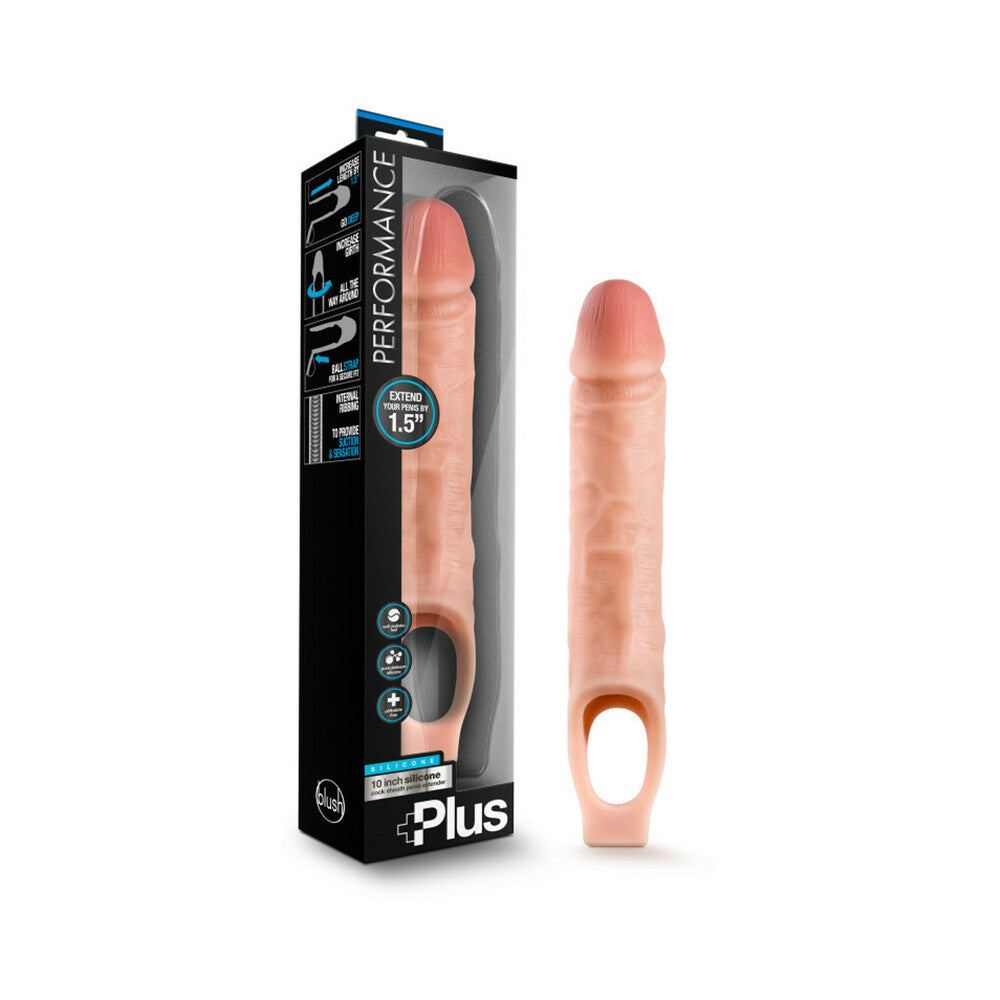 Performance Plus 10 in. beige silicone cock sheath penis extender sling with ball strap and realistic design