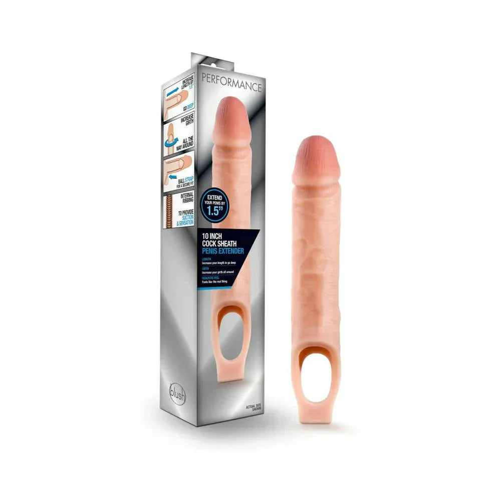 Performance 10 in. beige cock sheath penis extender sling with ball strap and lifelike texture for enhanced intimate experience