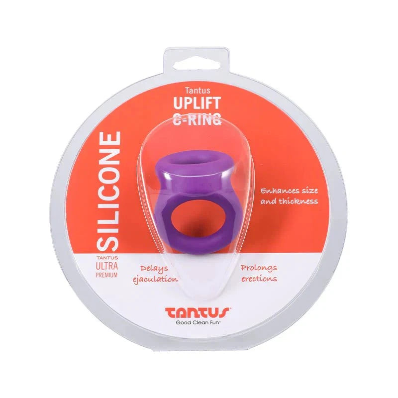 Tantus Uplift C-Ring cock and ball sling in purple silicone for enhanced size, thickness, and prolonged erections.