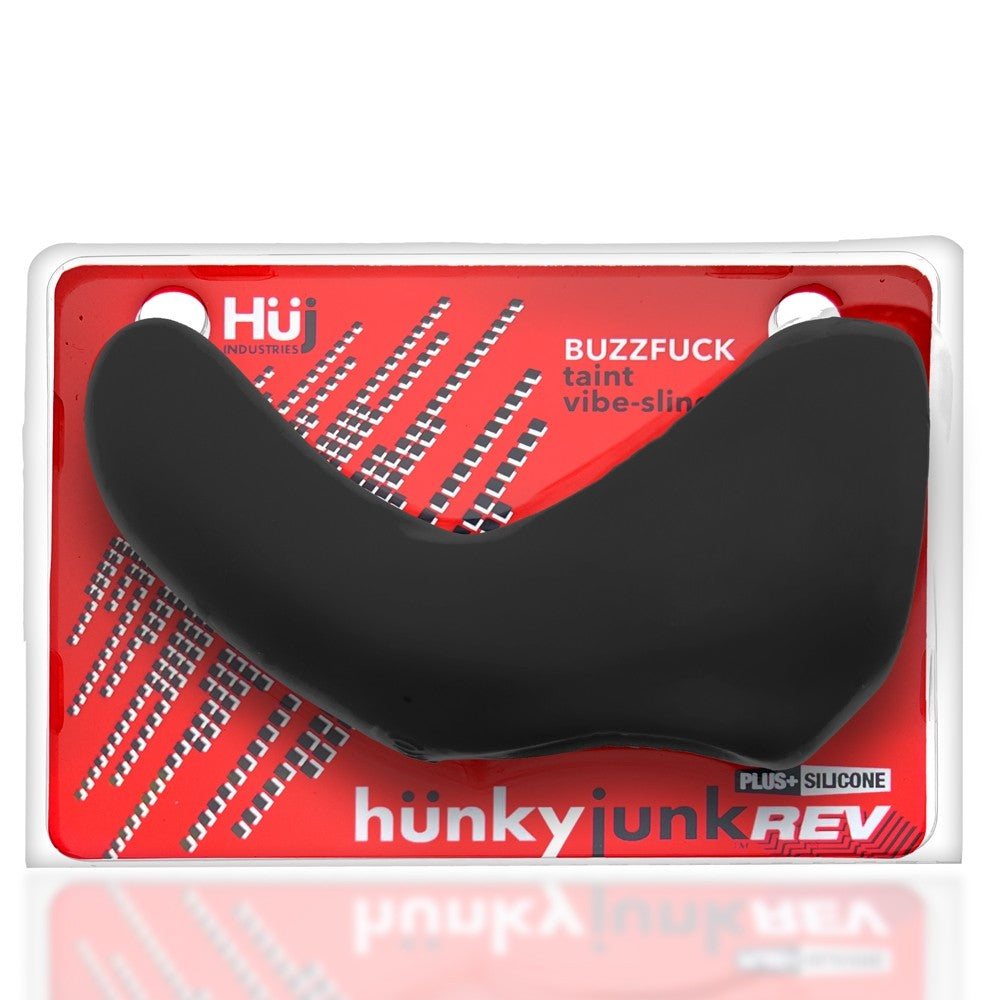 Hunkyjunk Buzzfuck Cock & Ball Sling with taint vibrator in black silicone on red packaging