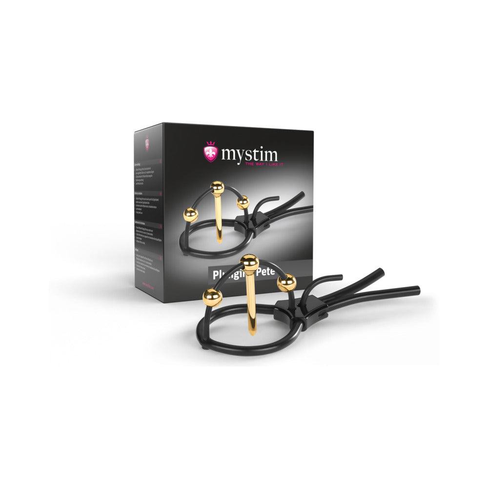 Mystim Plunging Pete Corona Glans Strap with 24K gold-plated urethral sound and adjustable silicone straps in black packaging