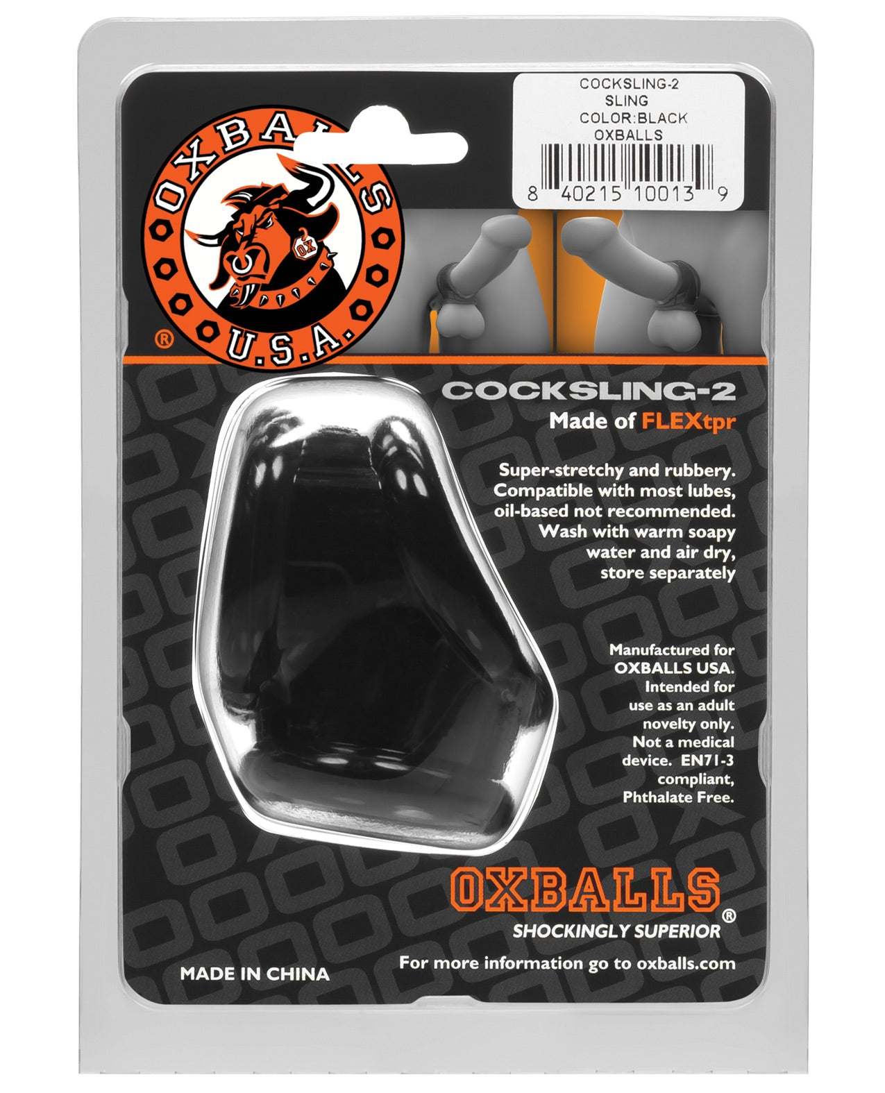 Cocksling-2 black cockring by Oxballs in retail packaging, flexible and stretchy adult toy designed for enhanced pleasure and comfort.