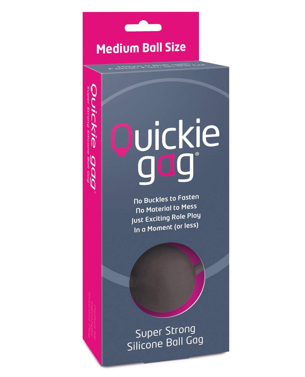 Quickie Ball Gag Medium in black with super strong silicone, adjustable strap, and sleek design for comfortable bondage play.