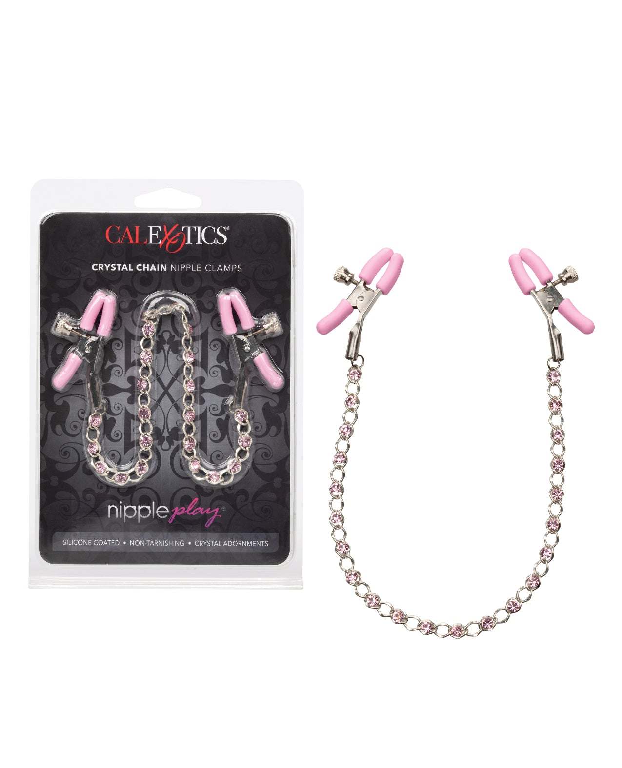 Pink silicone-coated adjustable nipple clamps connected by a crystal-adorned chain for enhanced nipple play stimulation.