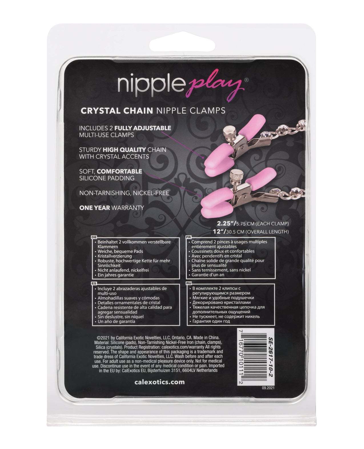 Pink Nipple Play Crystal Chain fully adjustable nipple clamps with silicone padding and crystal accents in retail packaging