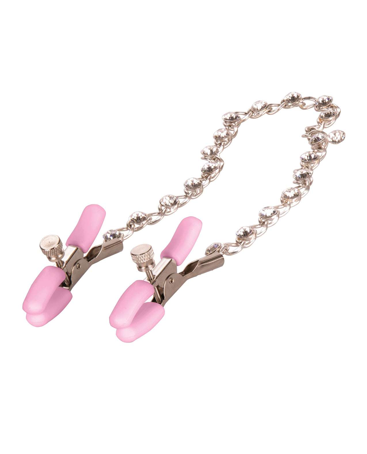 Pink adjustable nipple clamps connected by a silver crystal chain for enhanced sensation and teasing pleasure.