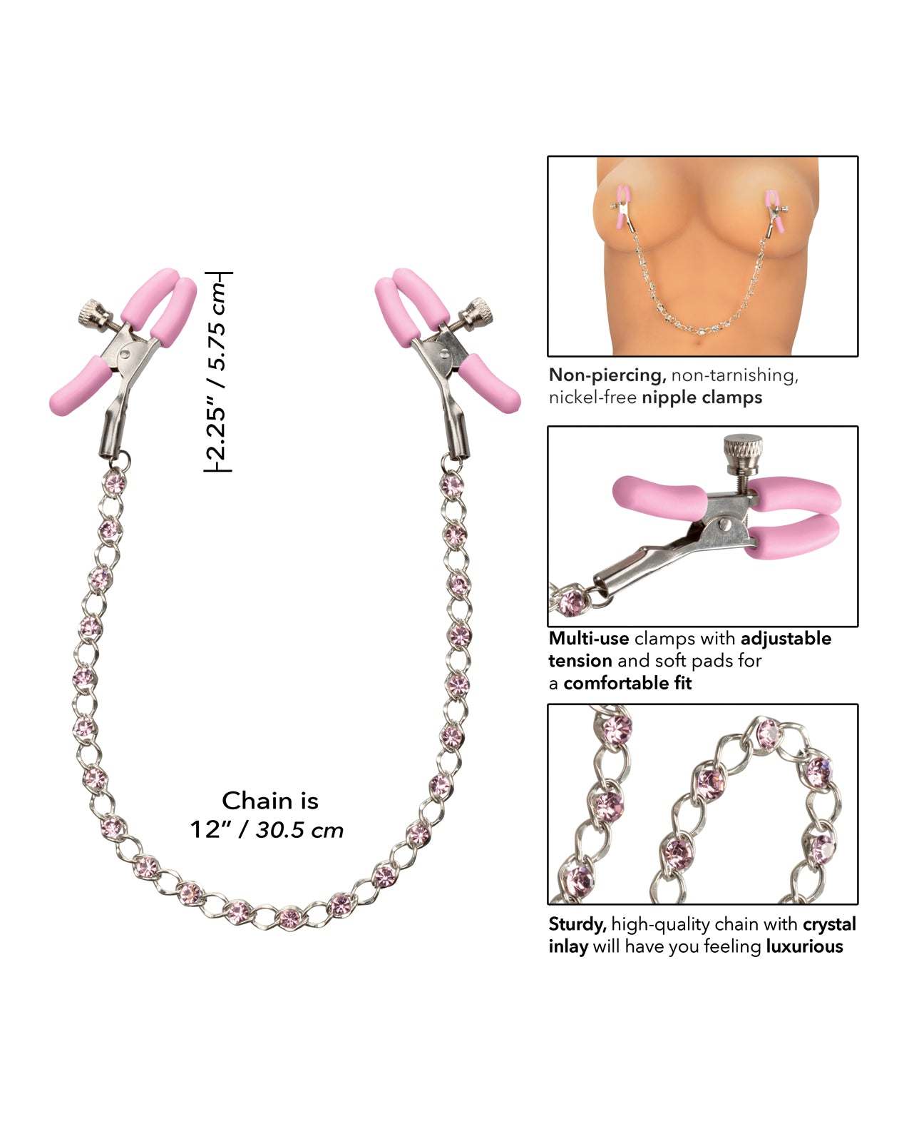 Pink adjustable Nipple Play Crystal Chain nipple clamps with silicone coated pads and sparkling crystals for enhanced sensation and playful teasing.