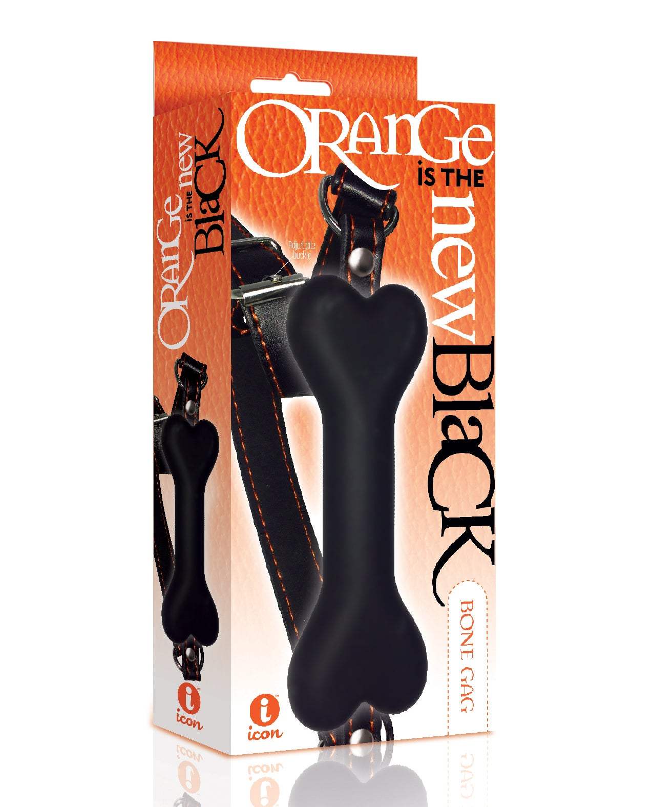 The 9's Orange is the New Black silicone bone gag with adjustable straps and orange stitching in packaging
