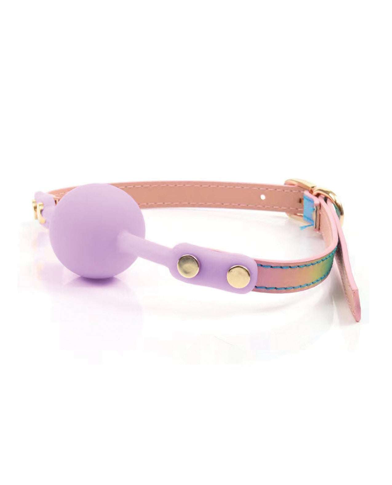Hello Sexy Gag Order iridescent rainbow strap ball gag with soft lilac silicone ball and vegan leather adjustable strap
