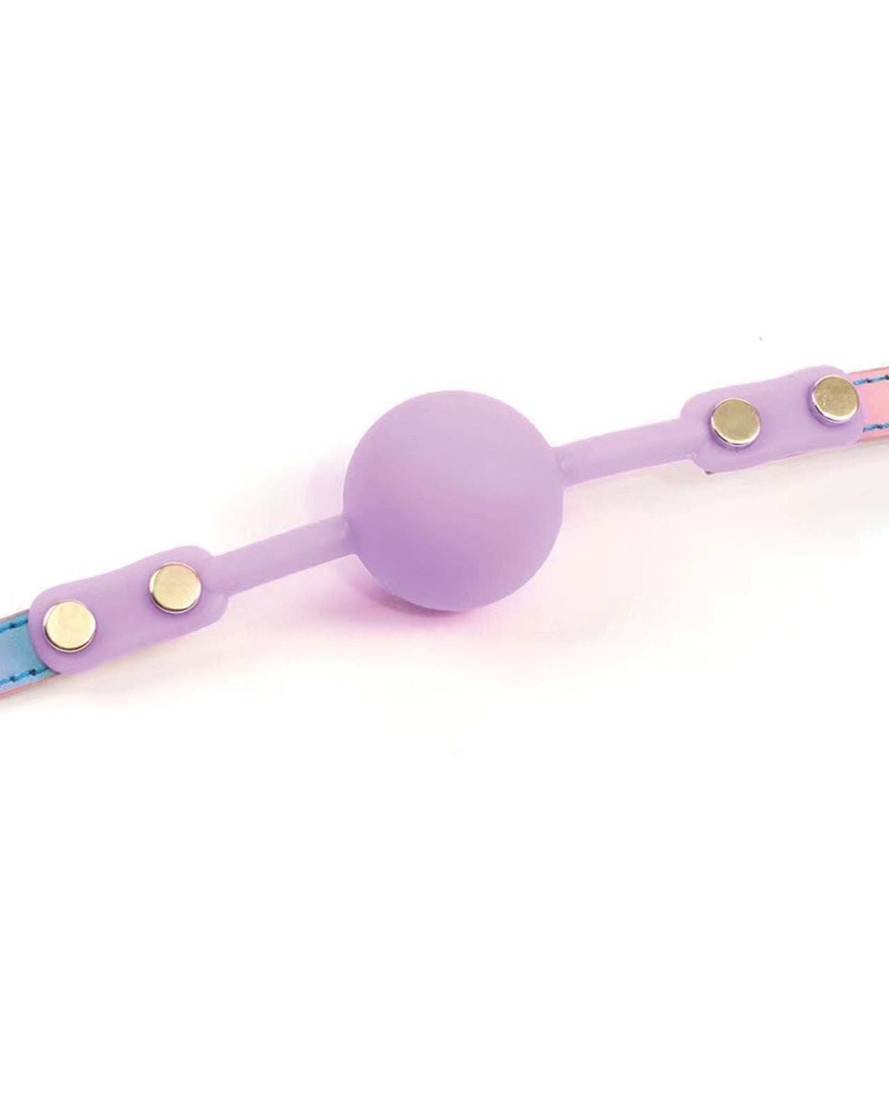 Hello Sexy Gag Order iridescent rainbow strap ball gag with soft lilac silicone ball and vegan leather adjustable strap