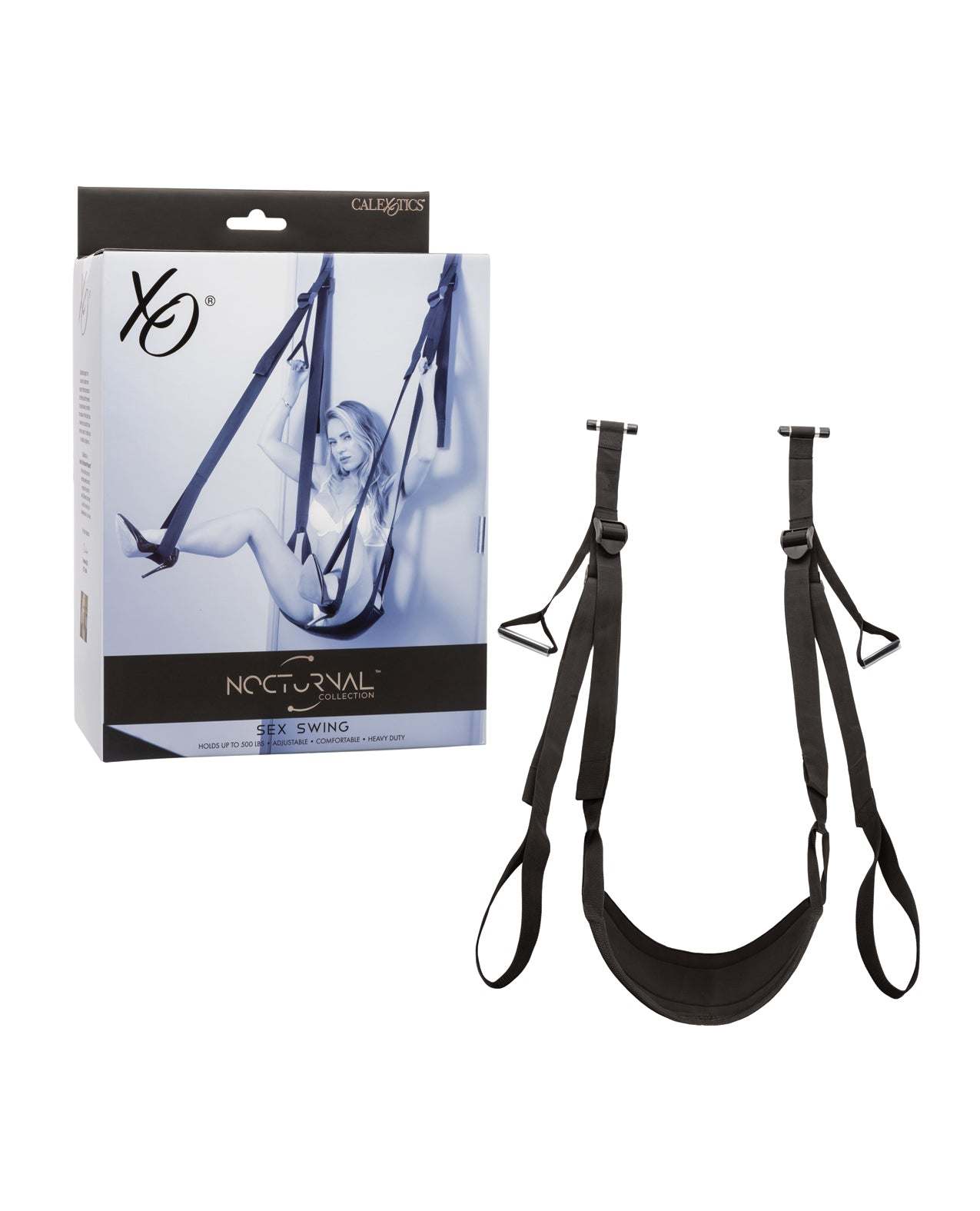 Black Nocturnal Collection Sex Swing with adjustable straps and padded seat for intimate adventures