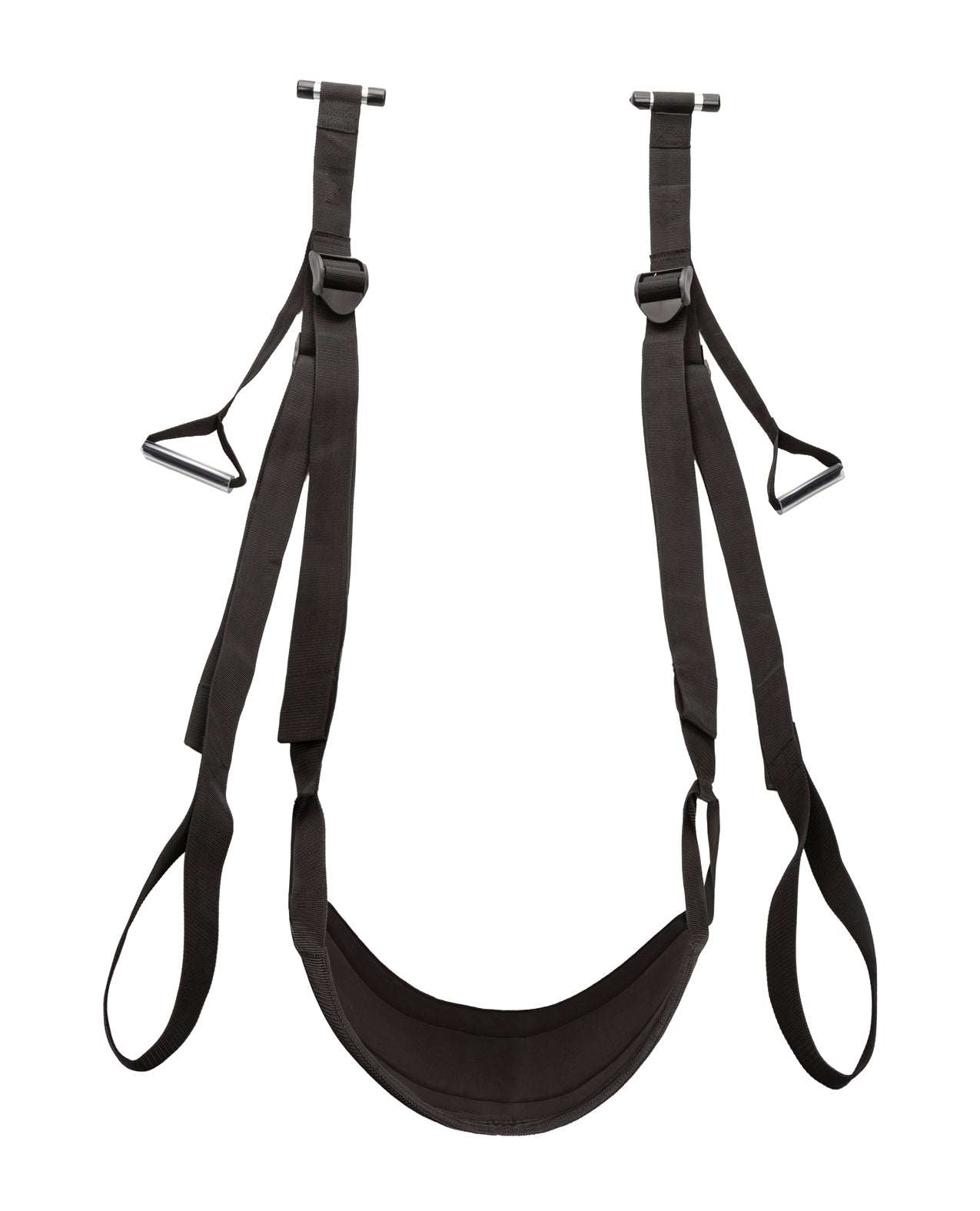 Nocturnal Collection Sex Swing in black with padded seat, adjustable straps, and sturdy door rods for secure support and comfort.