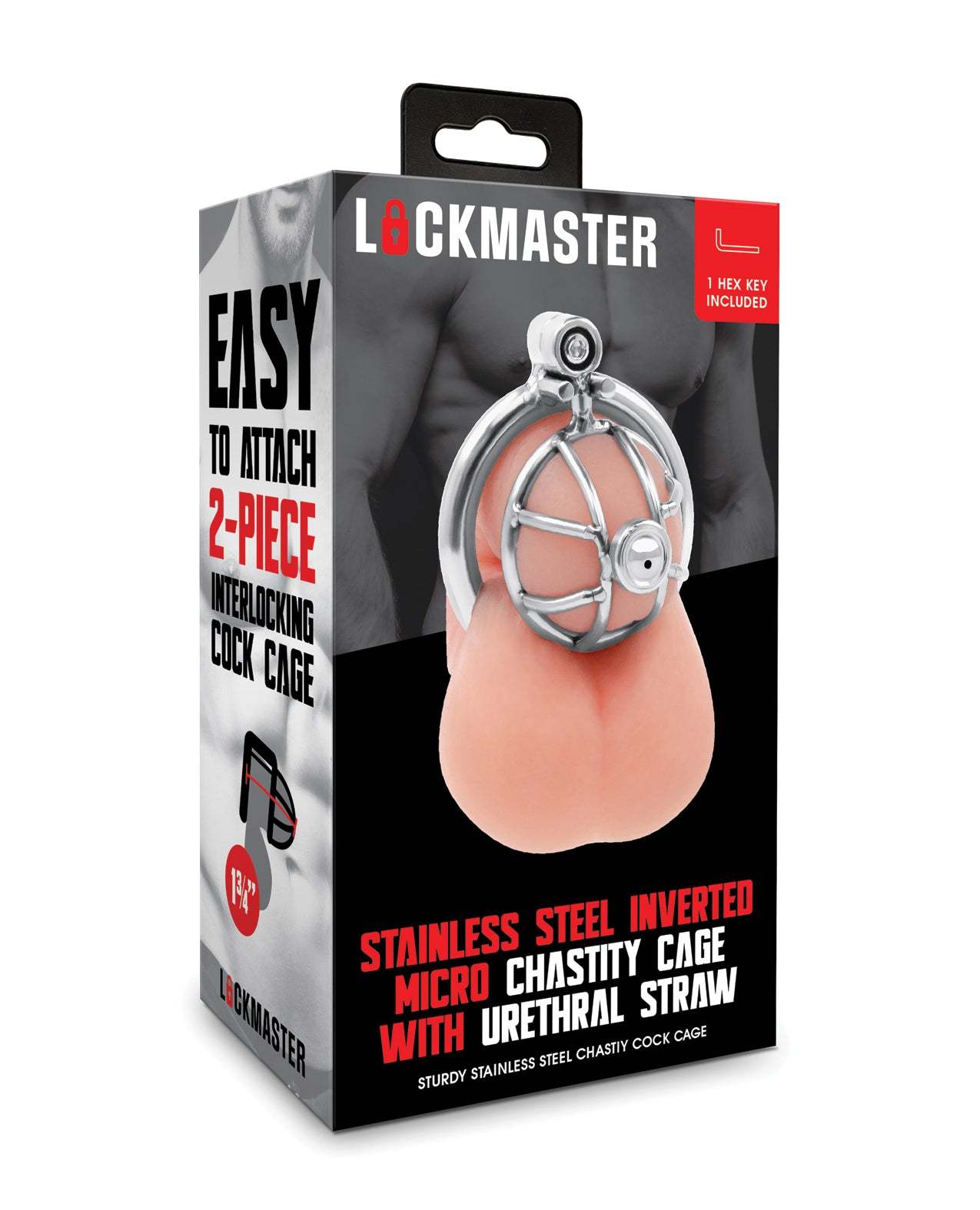 Lockmaster stainless steel inverted micro chastity cage with urethral straw in silver, durable and lightweight with hex key included