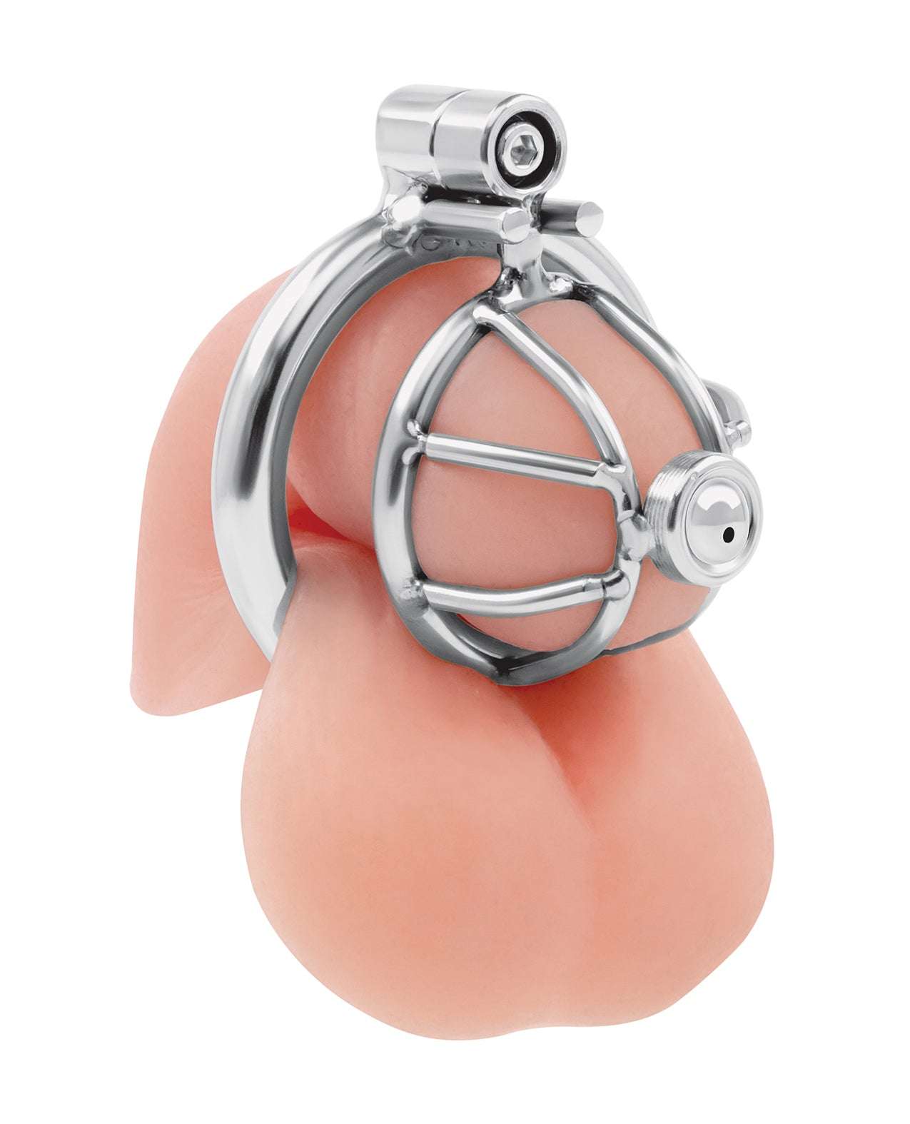 Lockmaster Stainless Steel inverted micro chastity cage with urethral straw in silver on realistic model