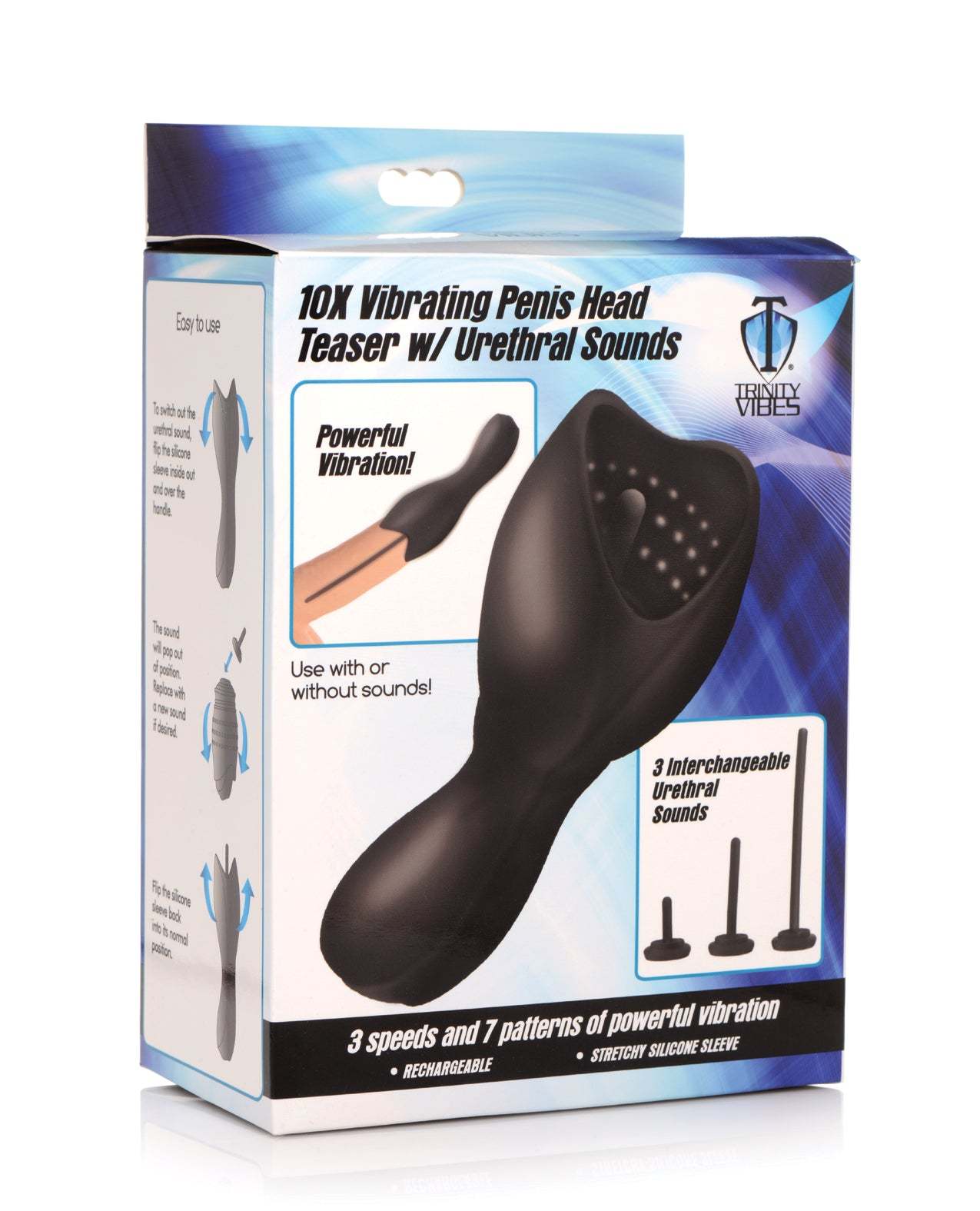 Black 10x Vibrating Penis Head Teaser with 3 interchangeable urethral sounds and multiple vibration patterns.