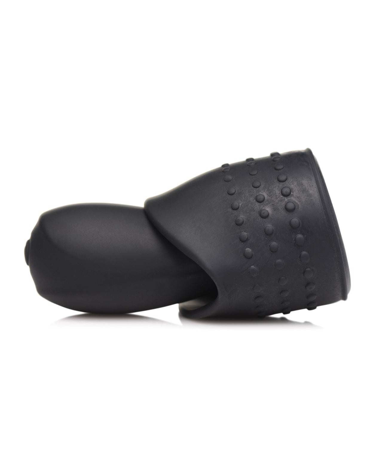 Black vibrating penis head teaser with textured sleeve and urethral sound attachment for intimate stimulation