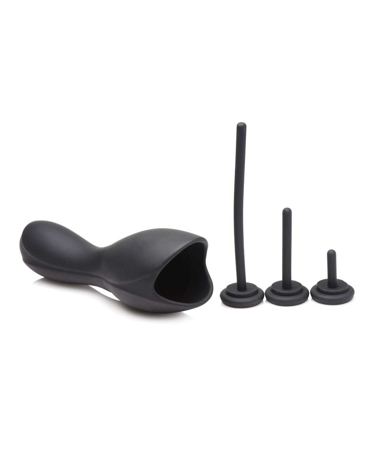 Black vibrating penis head teaser with three silicone urethral sounds in small, medium, and large sizes for customizable intimate stimulation.
