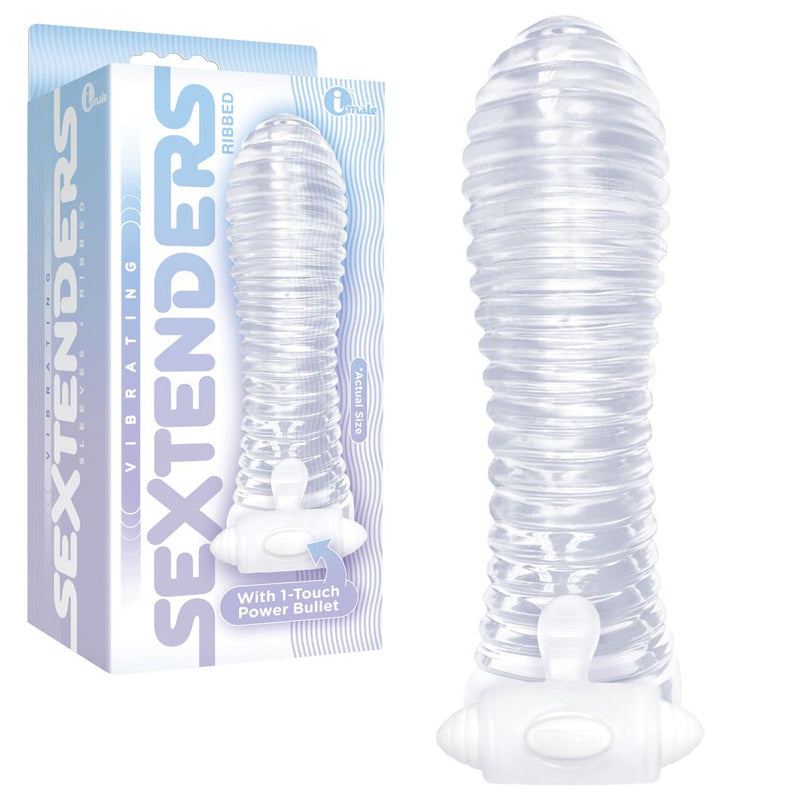 Clear ribbed vibrating sextender with 1-touch power bullet and 5-inch length, packaged in box.
