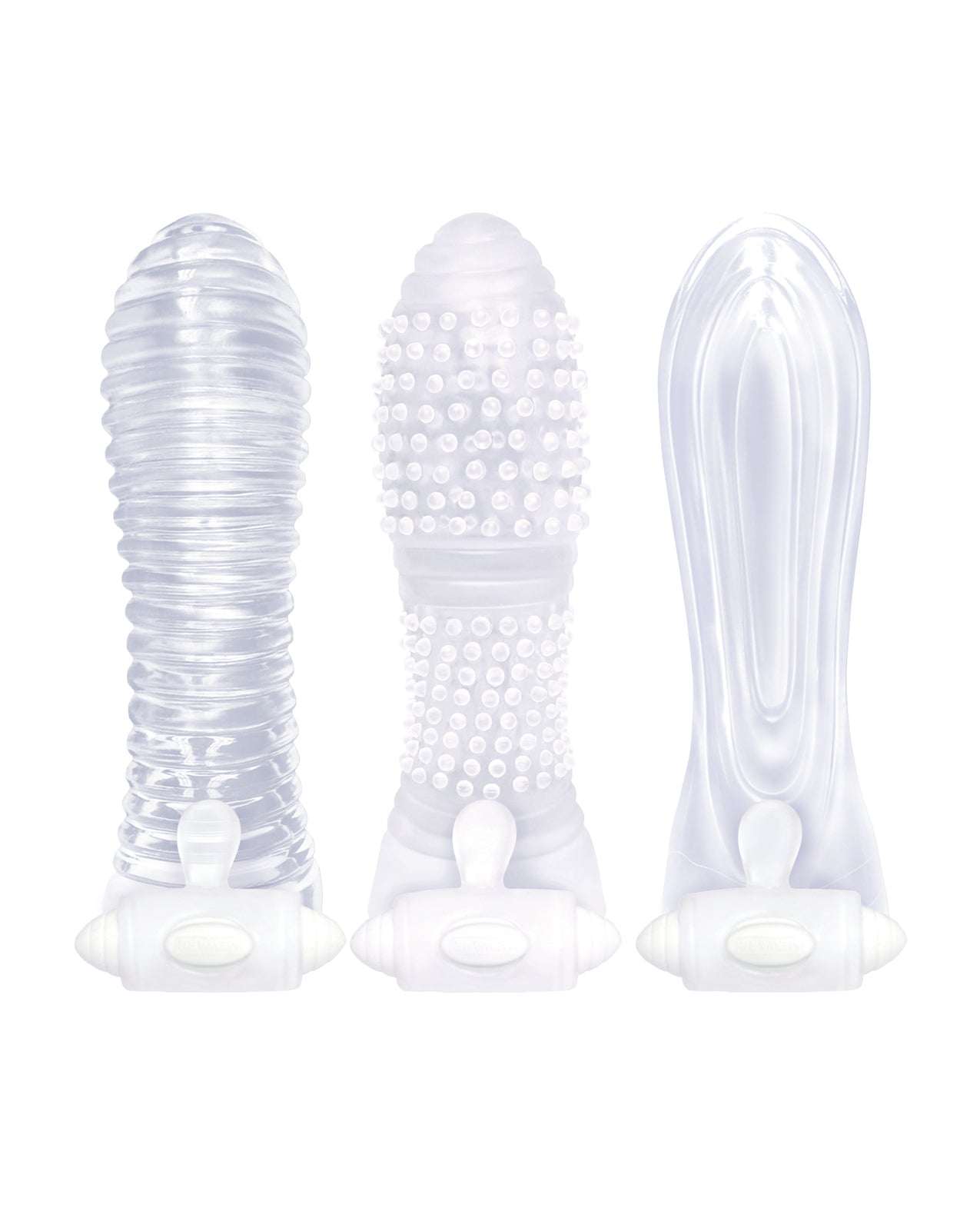 The 9's Vibrating Sextenders Sleeves pack of 3 with nubbed, contoured, and ribbed designs in clear TPR material with built-in bullet vibrators