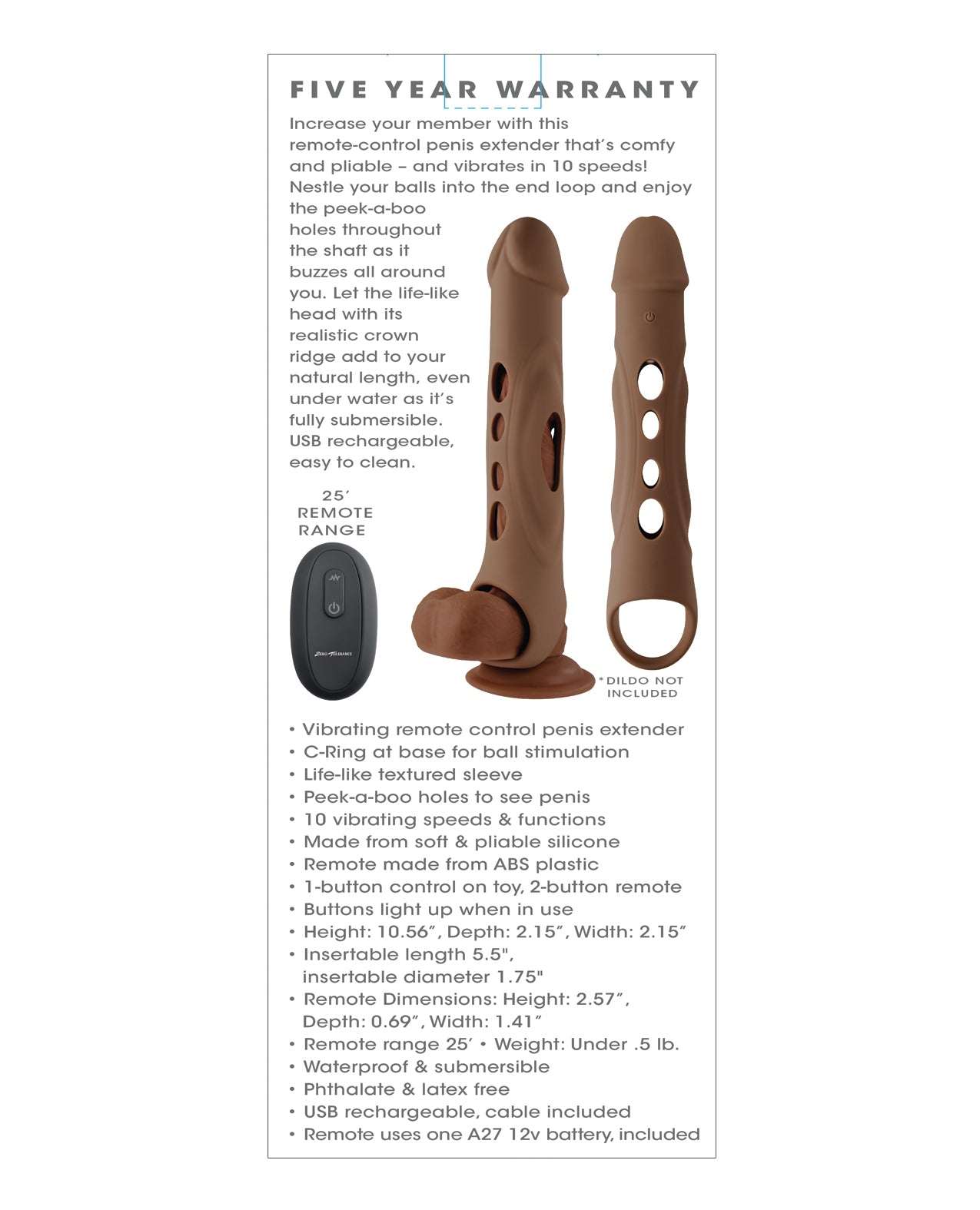 Zero Tolerance Big Boy Extender dark remote-control penis extender with 10 vibration speeds, lifelike head, ball ring, peek-a-boo holes, USB rechargeable, waterproof, 5-year warranty