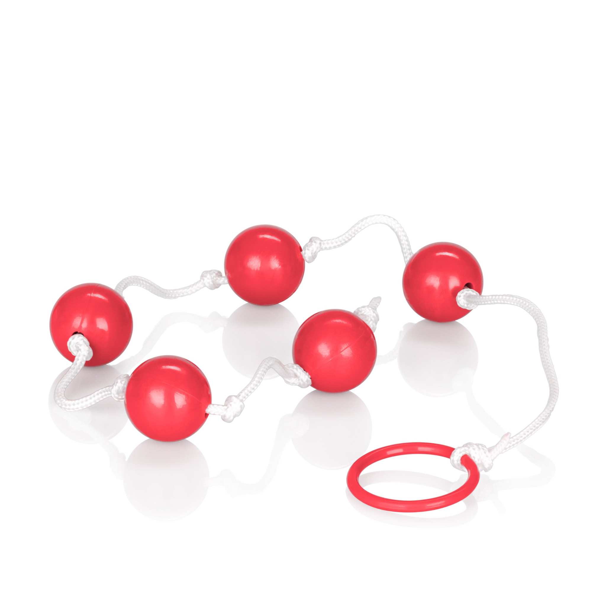 Medium-sized anal beads with red ABS balls on a flexible white nylon cord for safe and pleasurable use
