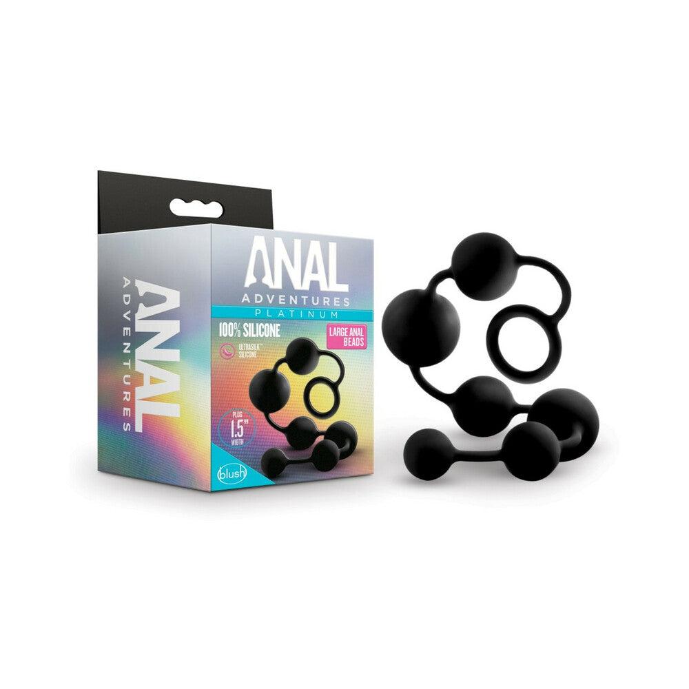 Anal Adventures Platinum Silicone Large Black Anal Beads with smooth ultrasilk finish and 15-inch insertable length