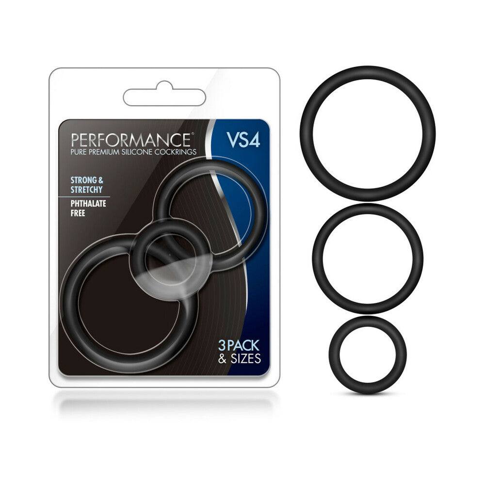 Performance VS4 Pure Premium Silicone Cockrings 3-pack set in black, strong and stretchy, phthalate-free male enhancement rings in small, medium, and large sizes.