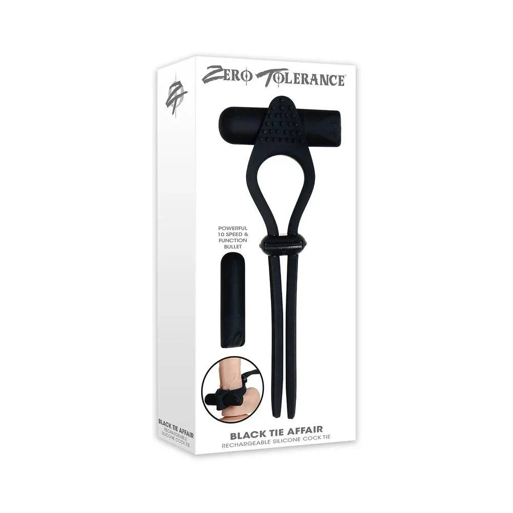 Zero Tolerance Black Tie Affair rechargeable black silicone cock ring with 10-speed vibrating bullet
