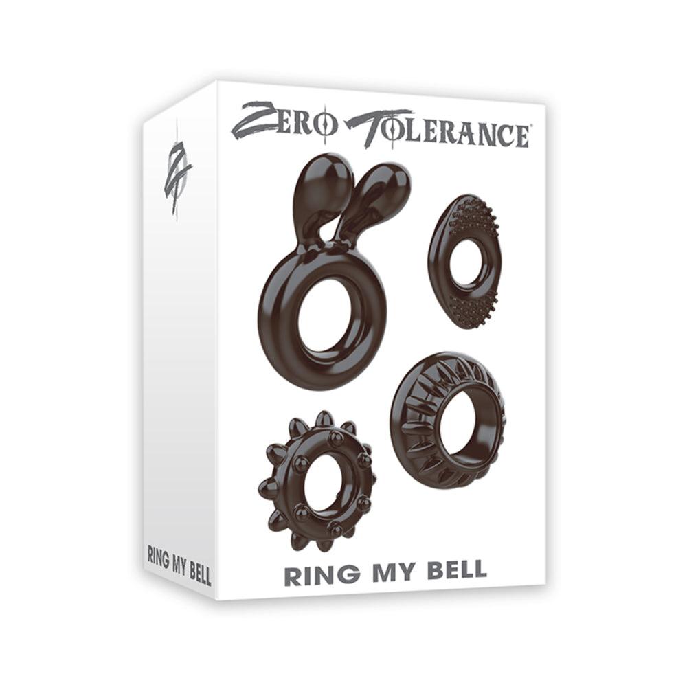 Zero Tolerance Ring My Bell 4-piece black cockring set with classic, wheel, diamond, and bunny ears designs, stretchy and waterproof.