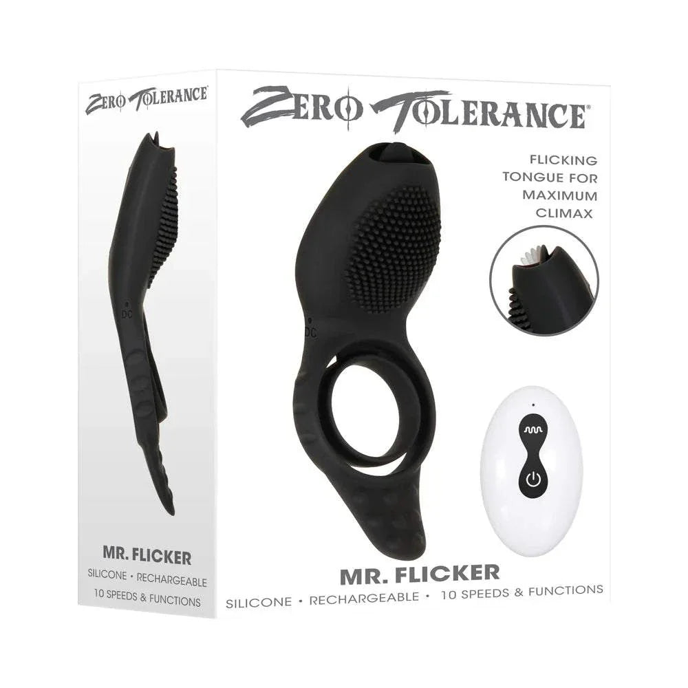 Zero Tolerance Mr. Flicker black silicone vibrating cock ring with remote and tongue-flicking function, 10 speeds, rechargeable, waterproof design