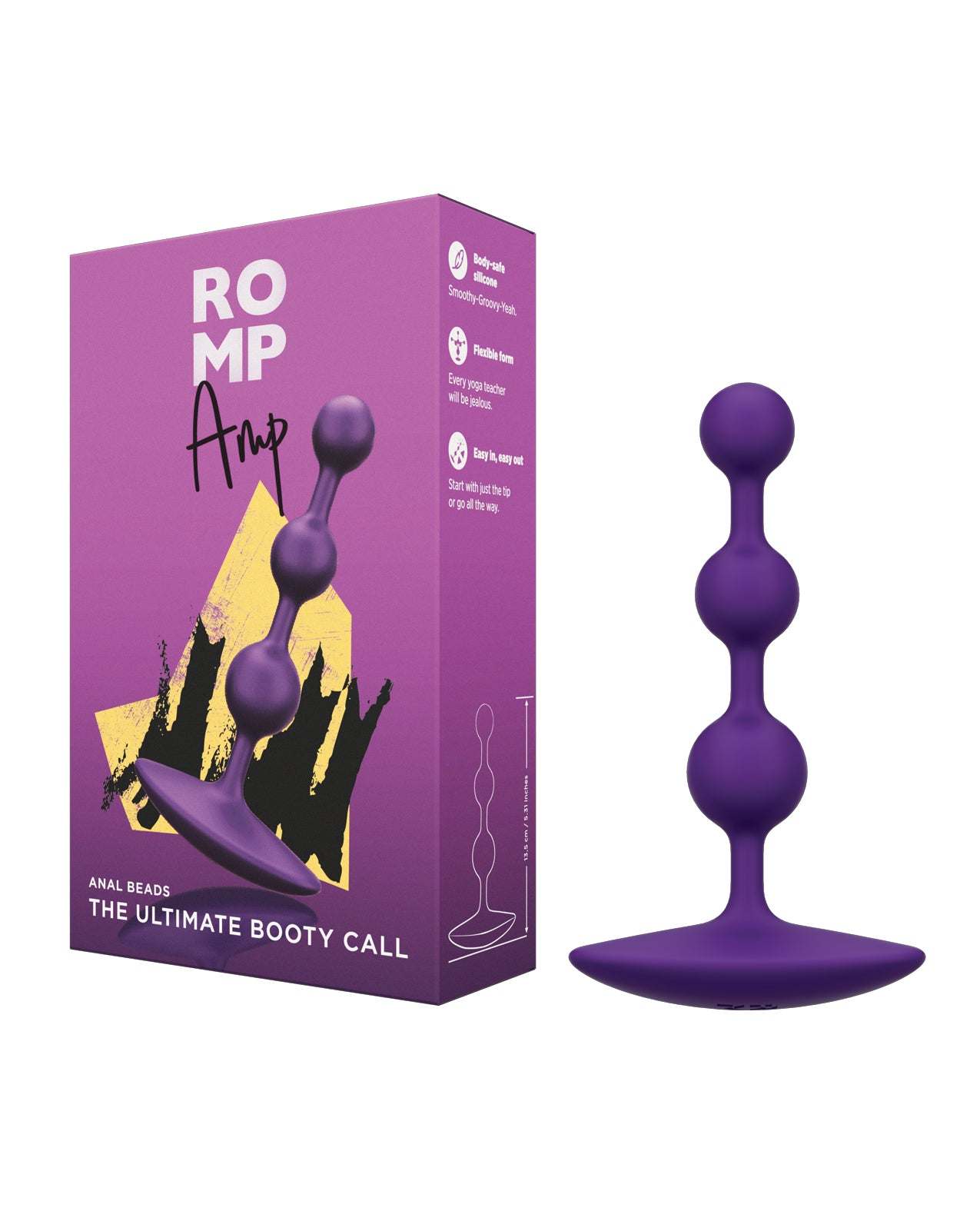 Romp Amp flexible purple silicone anal beads with ergonomic design and smooth graduated size for comfortable use.