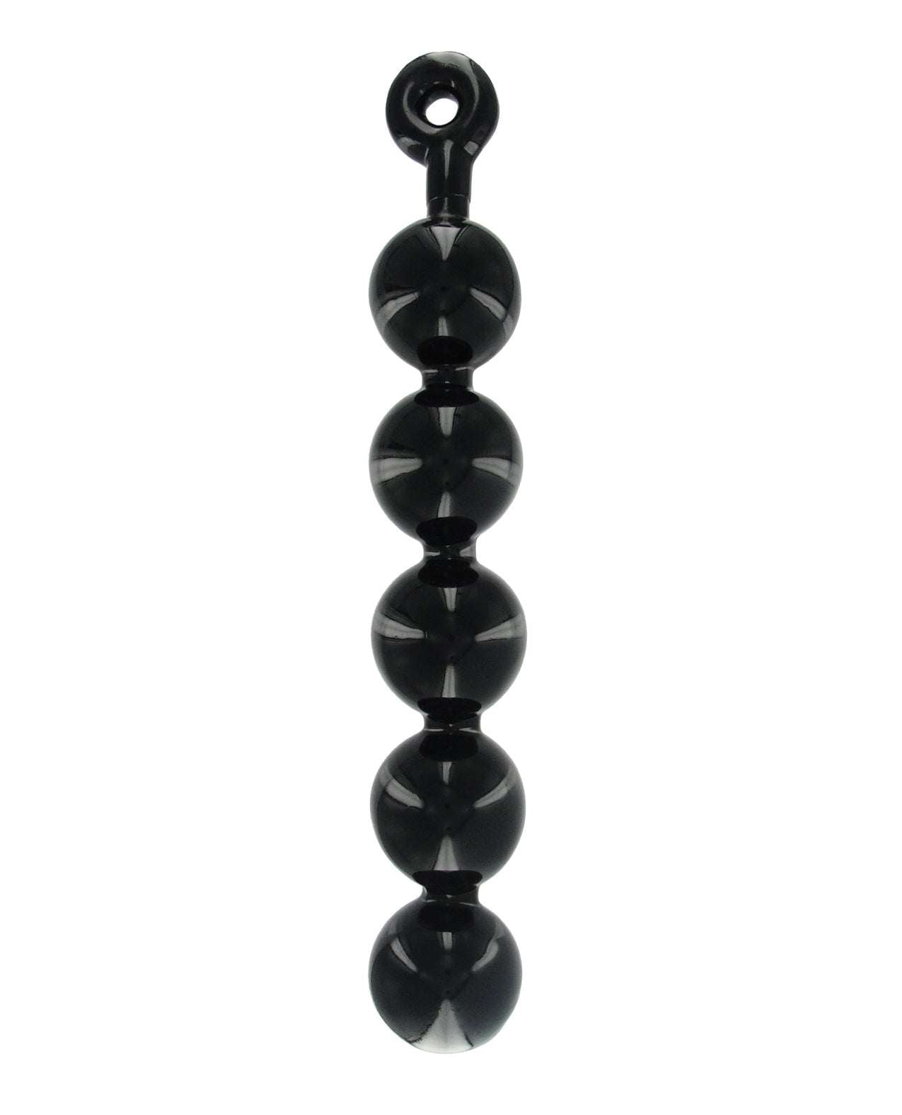 Master Series Black Baller anal beads with five large black spheres and easy-pull ring handle made of smooth flexible TPE material