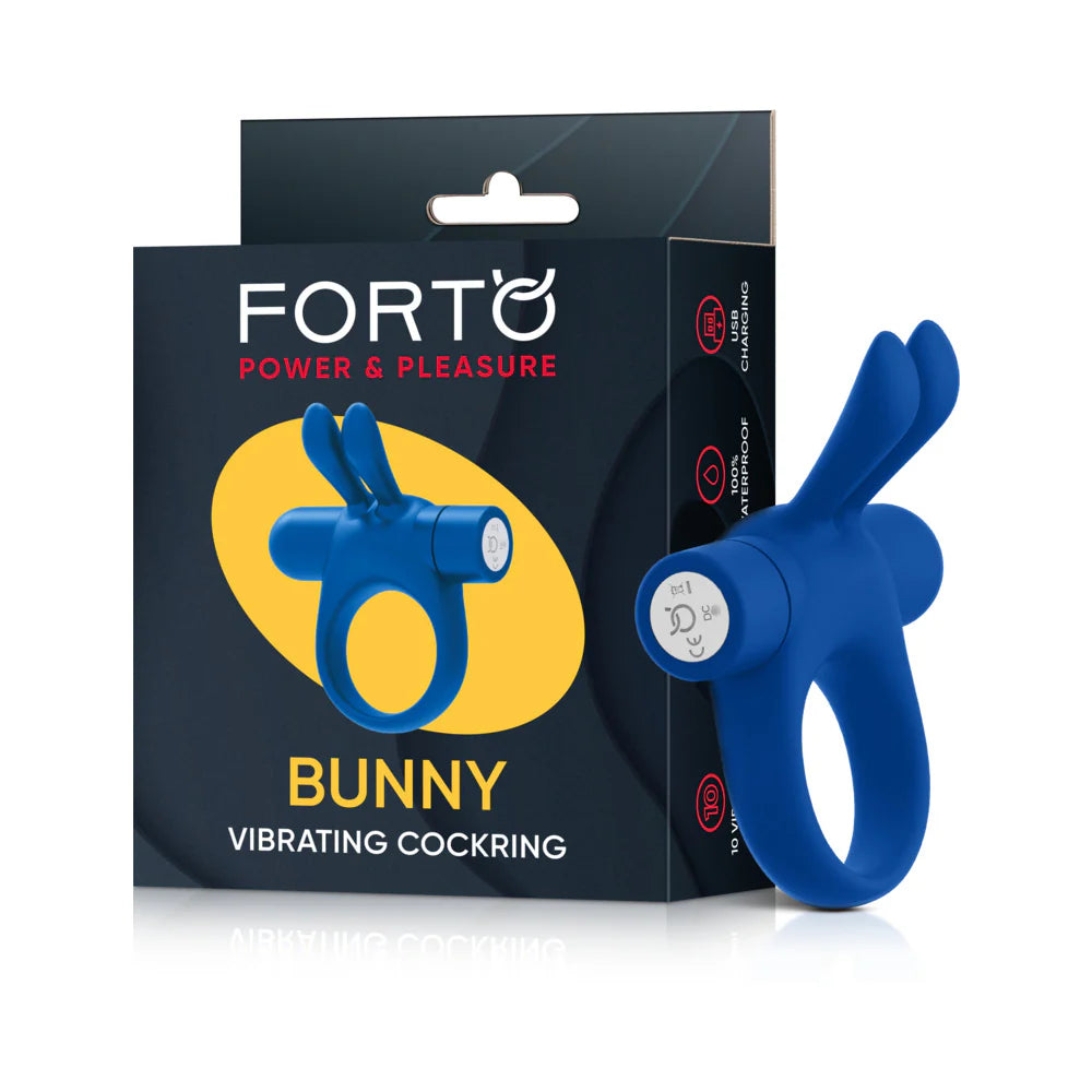 Forto Bunny Rechargeable Silicone Vibrating Cockring with Stimulating Ears Blue by Cock & Balls