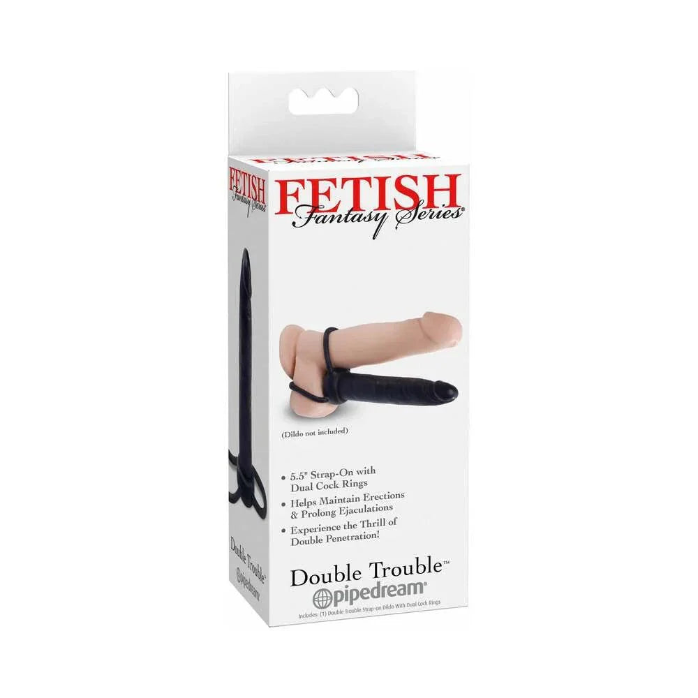 Fetish Fantasy Series Double Trouble black dual cockring strap-on with 5.5 inch dildo for enhanced pleasure and double penetration