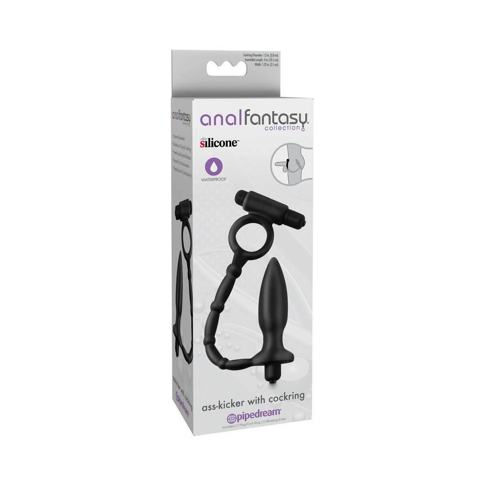 Anal Fantasy Collection vibrating silicone ass-kicker with cockring in black, waterproof, ergonomic design for enhanced pleasure and prolonged performance.