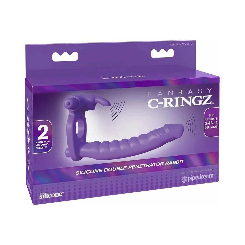 Purple Fantasy C-Ringz silicone double penetrator vibrating rabbit with dual bullets and stretchy cock ring in packaging