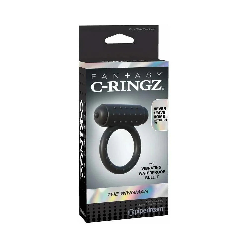 Fantasy C-Ringz The Wingman black vibrating cockring with waterproof bullet and stretchy TPR material