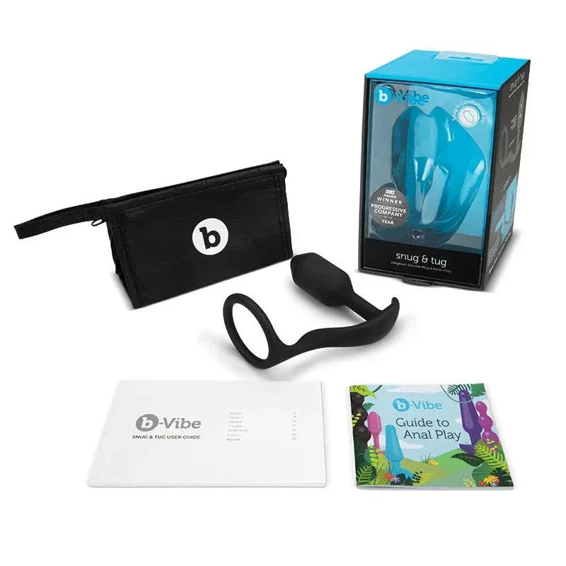 b-Vibe Snug & Tug weighted silicone anal plug with cockring, black, includes carrying pouch, user guide, and anal play guide in retail packaging