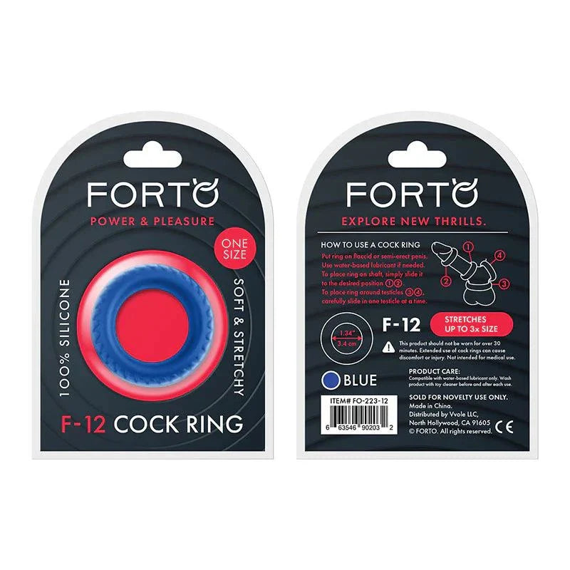 Forto F-12 blue liquid silicone cockring, soft stretchy, 35mm, stretches up to 3x size, premium 100% silky-smooth silicone.