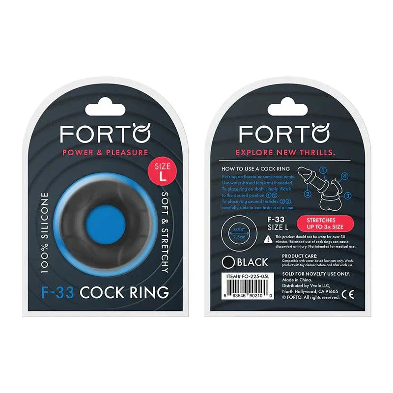 Forto F-33 liquid silicone cockring in black, size large, flexible and body-safe enhancing performance and pleasure
