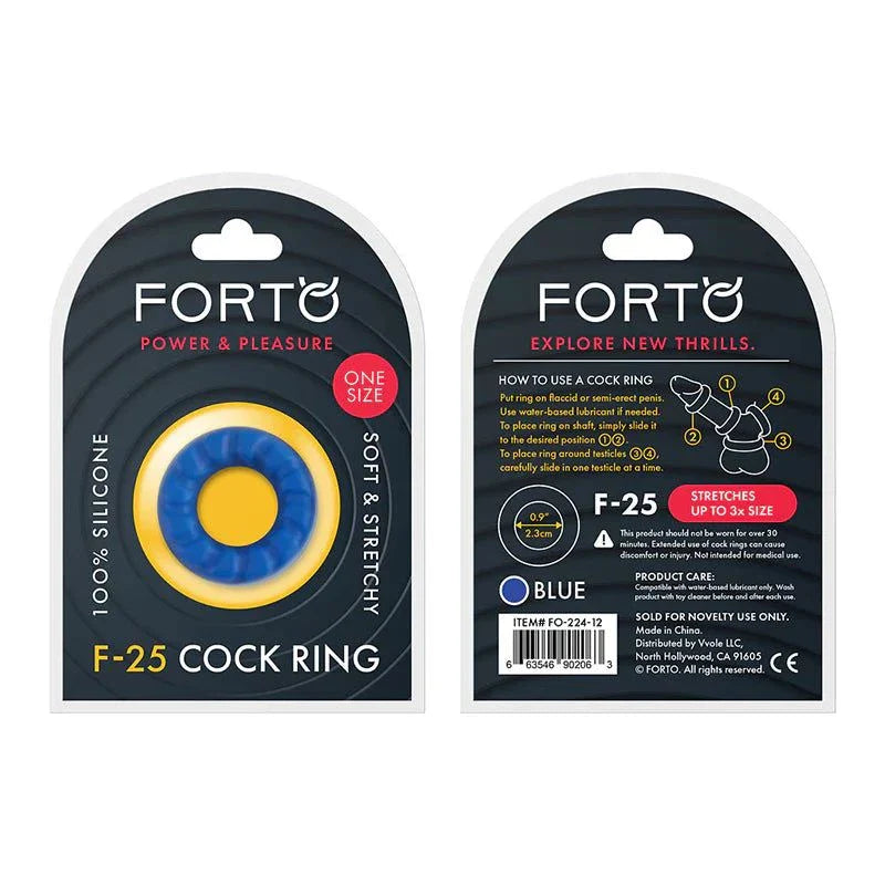 Forto F-25 blue liquid silicone cockring, soft and stretchy, stretches up to 3x size