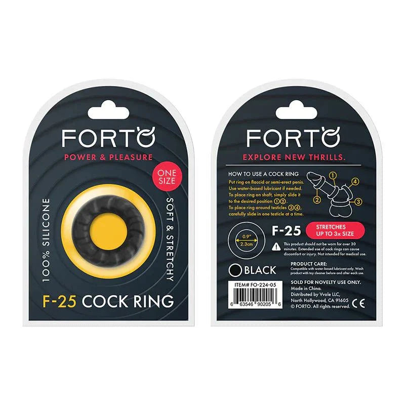 Forto F-25 black liquid silicone cockring, 23mm, stretchy and soft, stretches up to 3x size, premium silky-smooth material