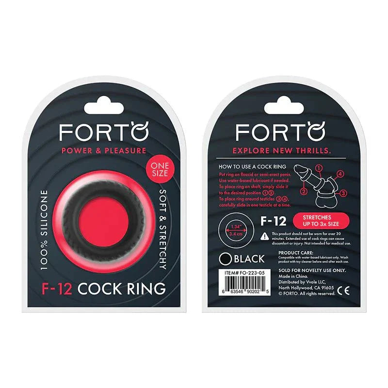 Forto F-12 black liquid silicone cockring, 35mm, stretchy and smooth, one size fits up to 3x expansion